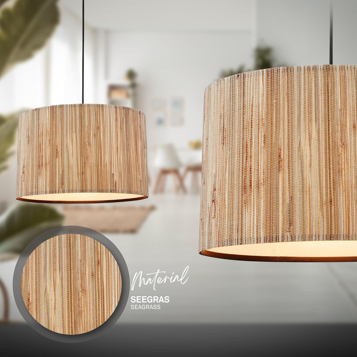BRILONER - Pendelleuchte mit Seegras Schirm, 3x E27 Fassung, max. 10 W, Boho, aesthetic, Hängeleuchte, Hängelampe Esstisch, Esszimmerlampe hängend, Wohnzimmerlampe, 110 x 25 x 120 cm (LxBxH), Natur