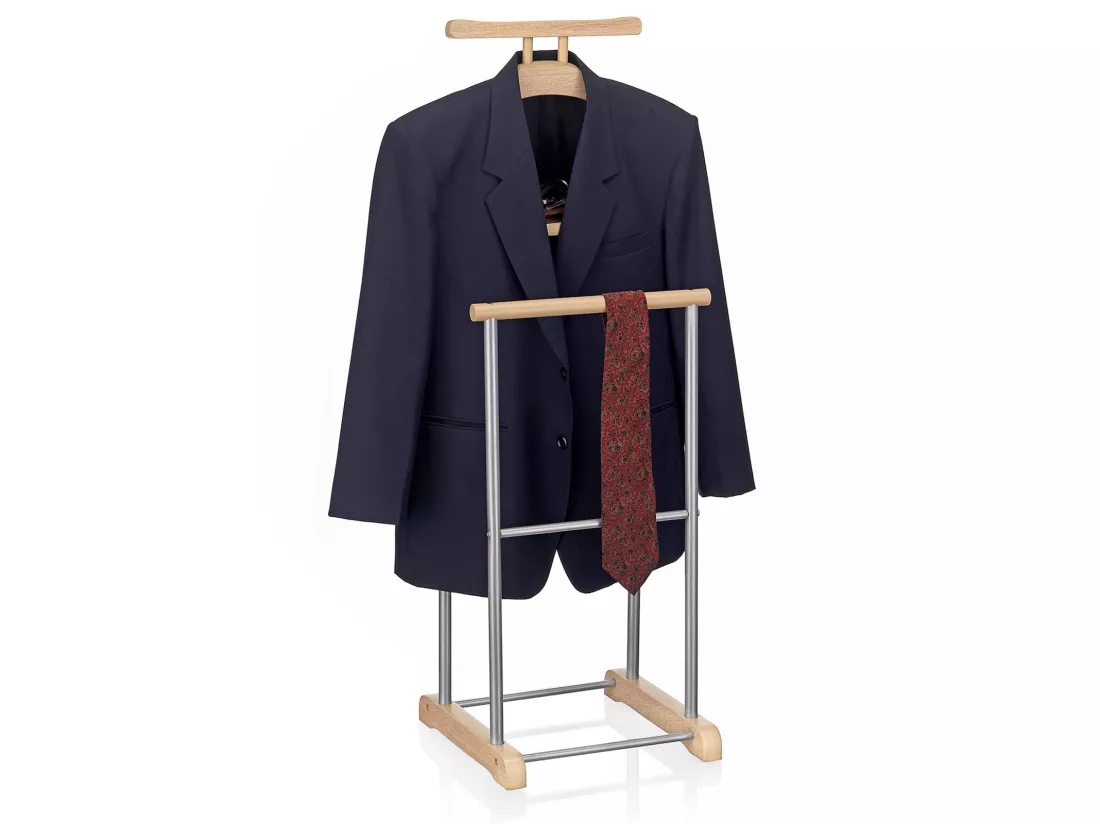 Valet de chambre MEDINA chevalet de nuit double portant pour vêtements, en MDF décor chêne sonoma et métal laqué argenté