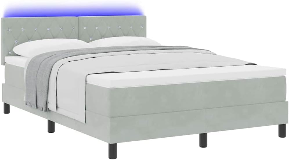 vidaXL LED Boxspringbett mit Matratze Hellgrau 160 x 200 cm Samt, Verstellbares Kopfteil, modernes Bettgestell mit LED-Beleuchtung, stylischer Samt, langlebiger Komfort