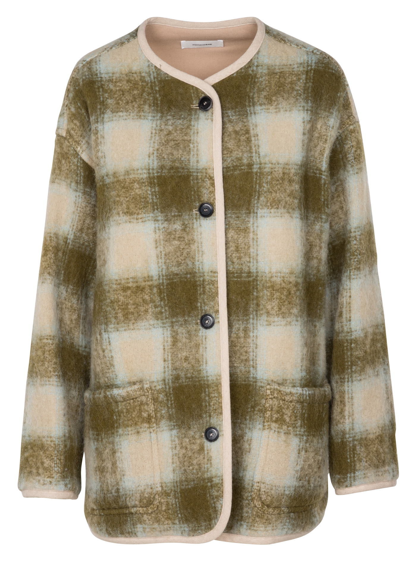 Manteau col rond à carreaux en laine mélangée | Kaki