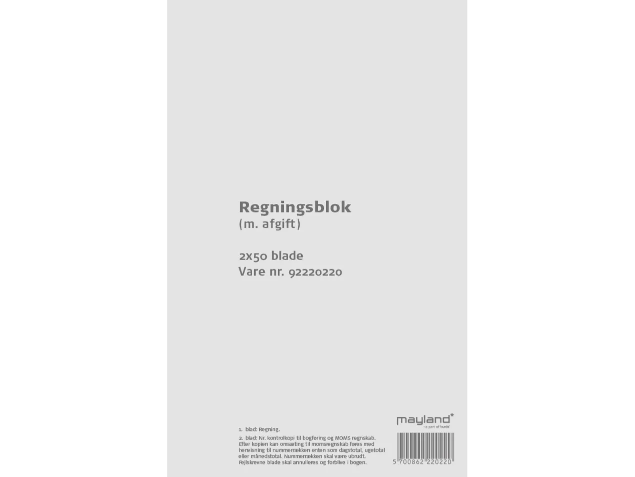 Regningsblok 126x200 mm med afgift - 2x50 blade - (10 stk.)