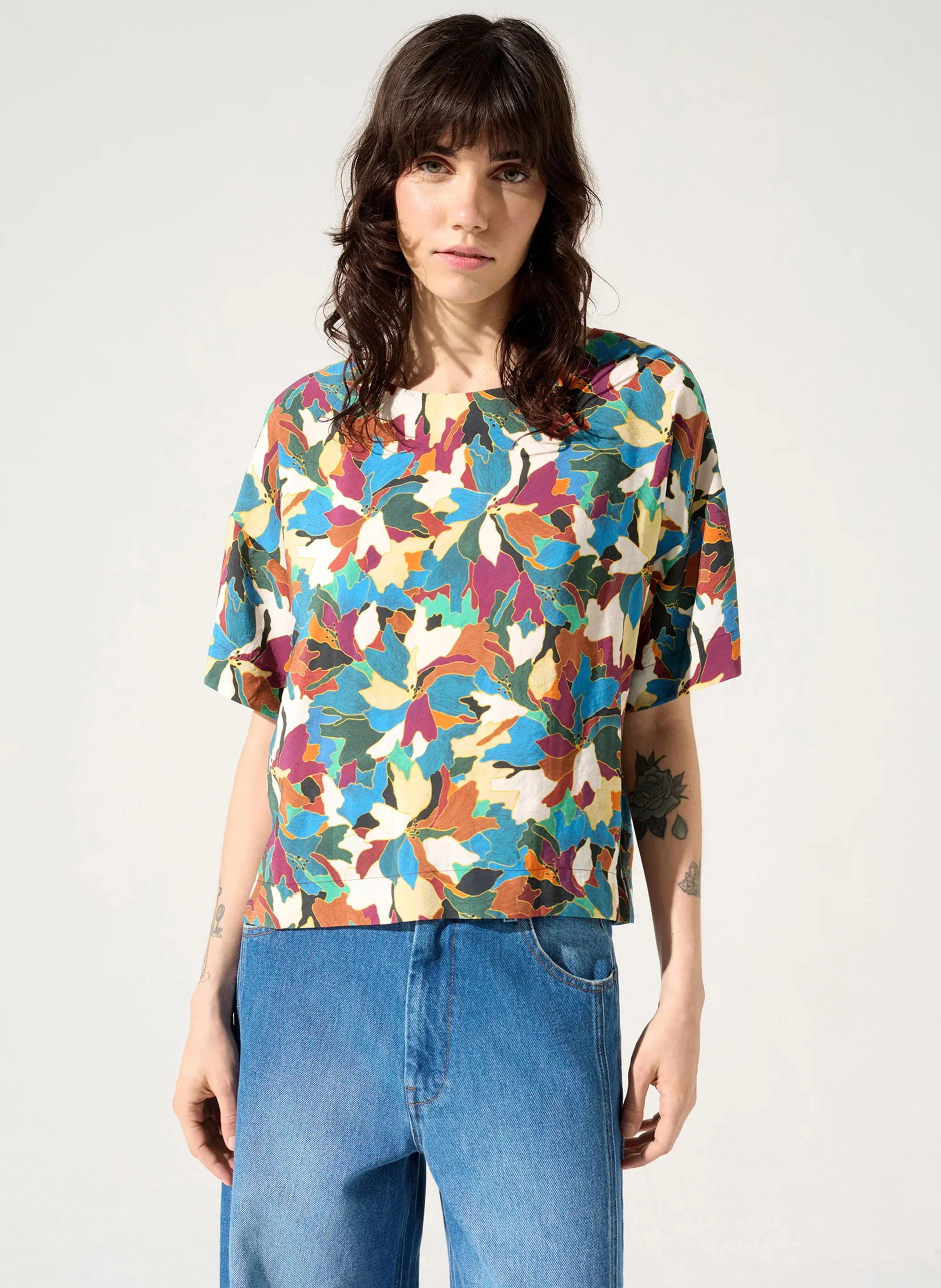 BLOOM - Blouse col rond droit imprimée | Bleu