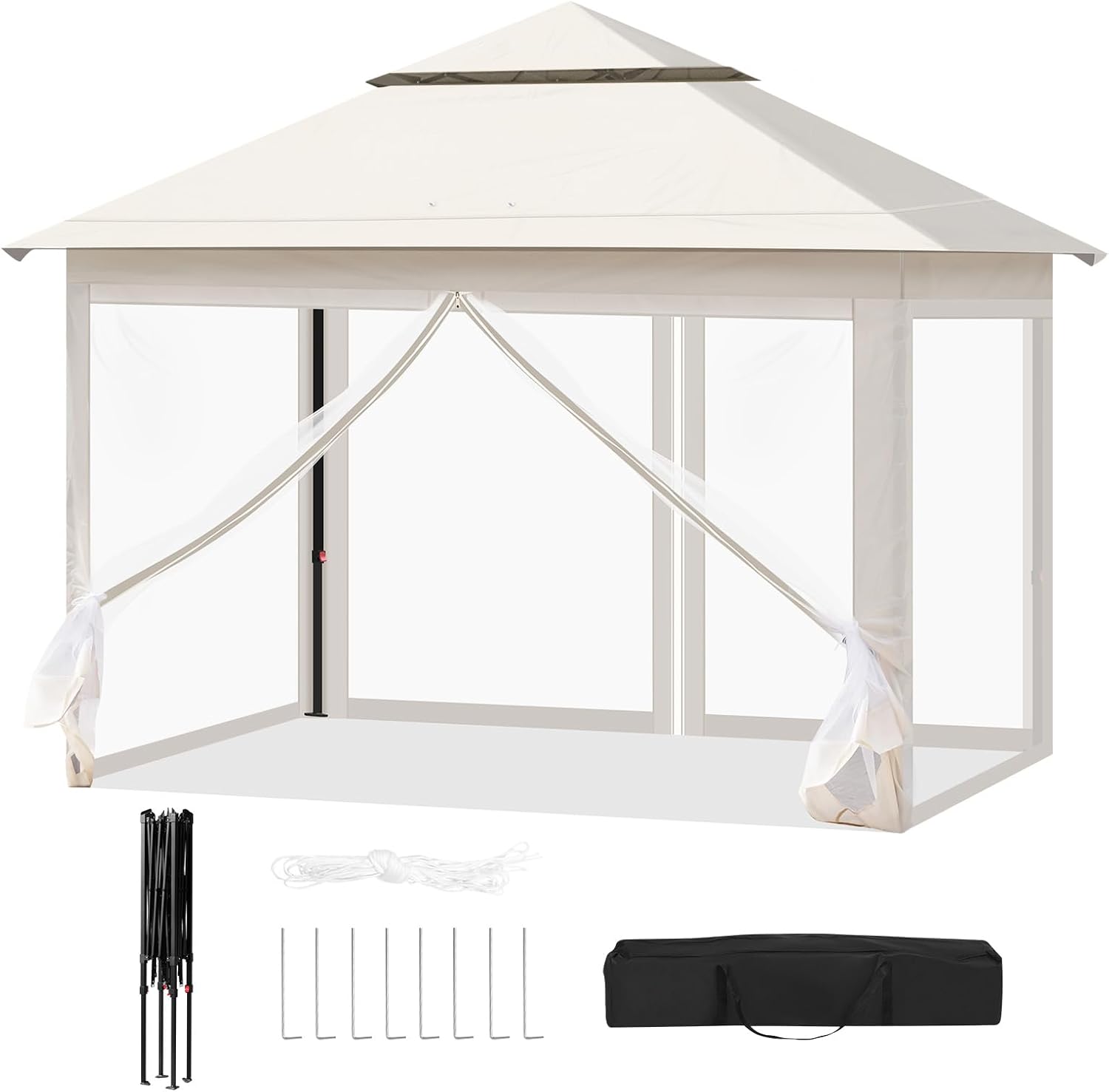 WOLTU Pavillon 3x3 m, Faltpavillon mit Moskitonetz, Partyzelt wasserdicht stabil, höhenverstellbares Partyzelt UV-Schutz, Gartenpavillon mit 4 Seitenteilen, Festzelt mit Tragtasche, Beige