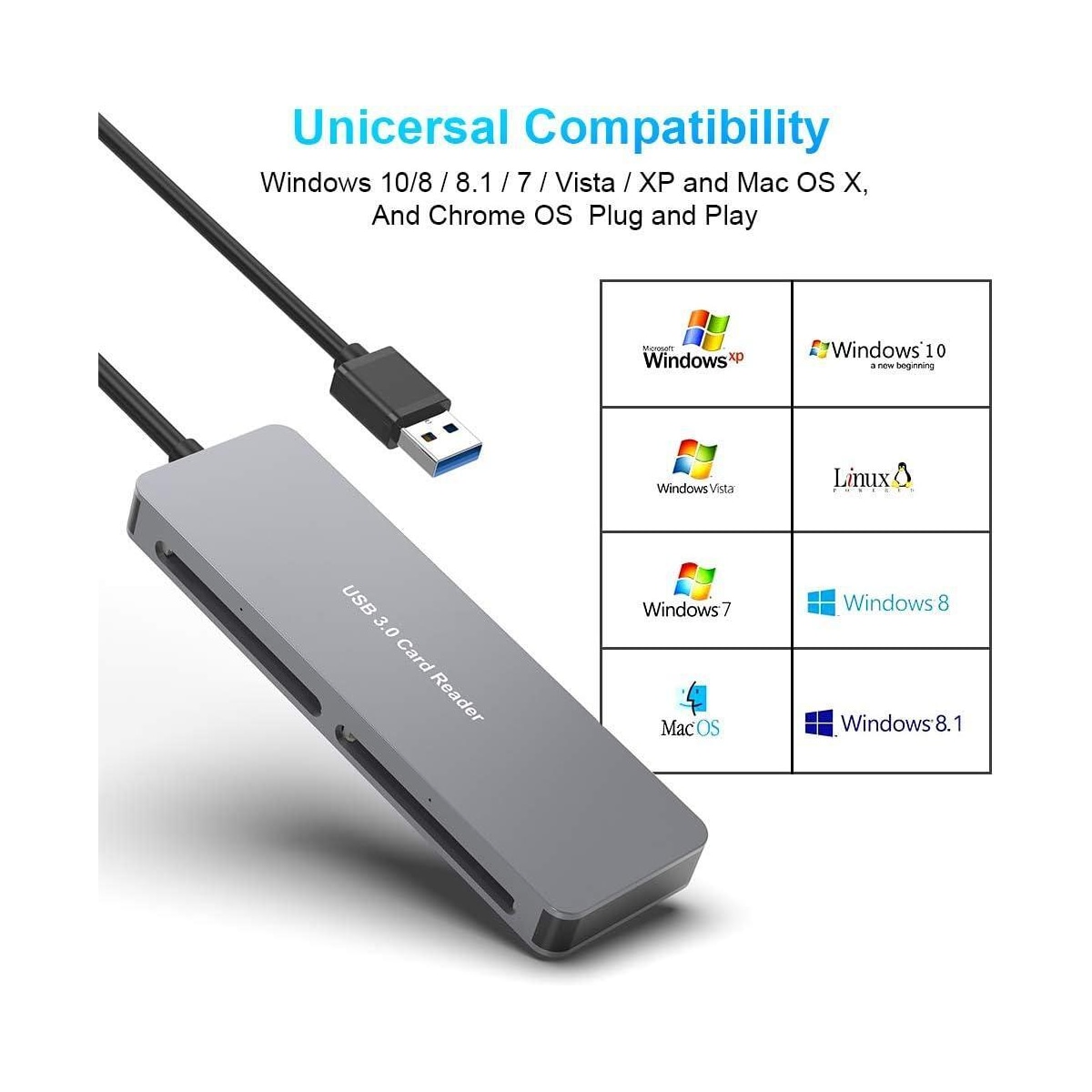 NÖRDIC USB-A 3.0 kortleser, 5 spor CFast, CF, SD 4.0, MicroSD 4.0, MS UHS-I