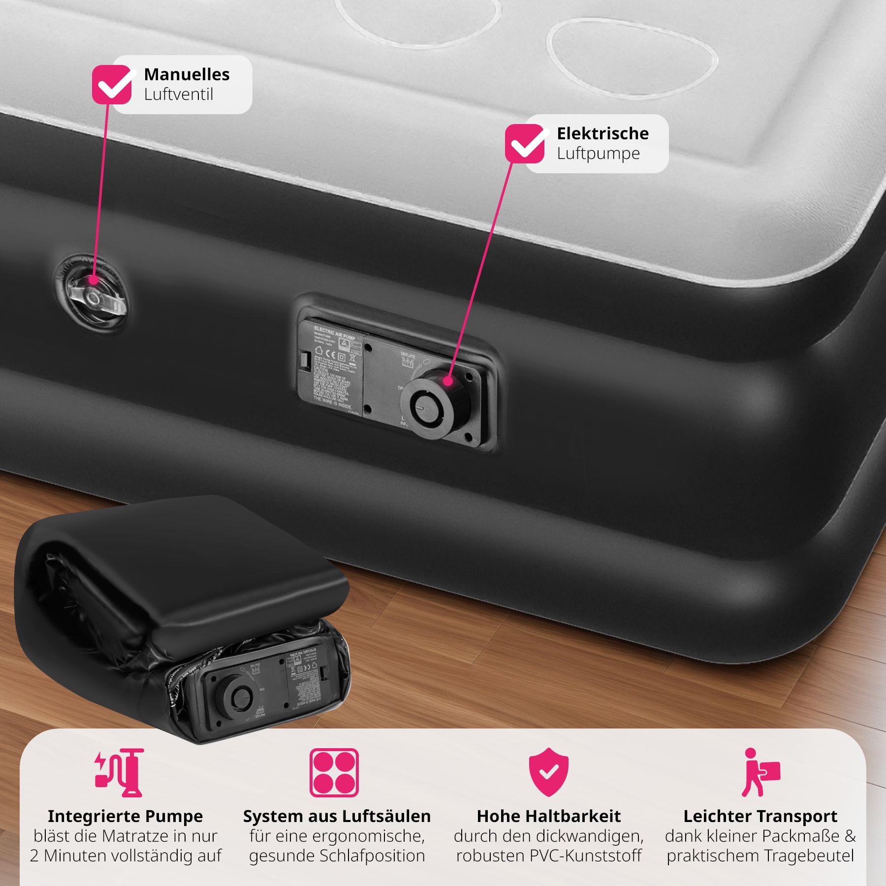 tectake® Aufblasbare Matratze, für 1 oder 2 Personen, ergonomisches Luftsäulensystem, inkl. manuellem Ventil und Tragebeutel