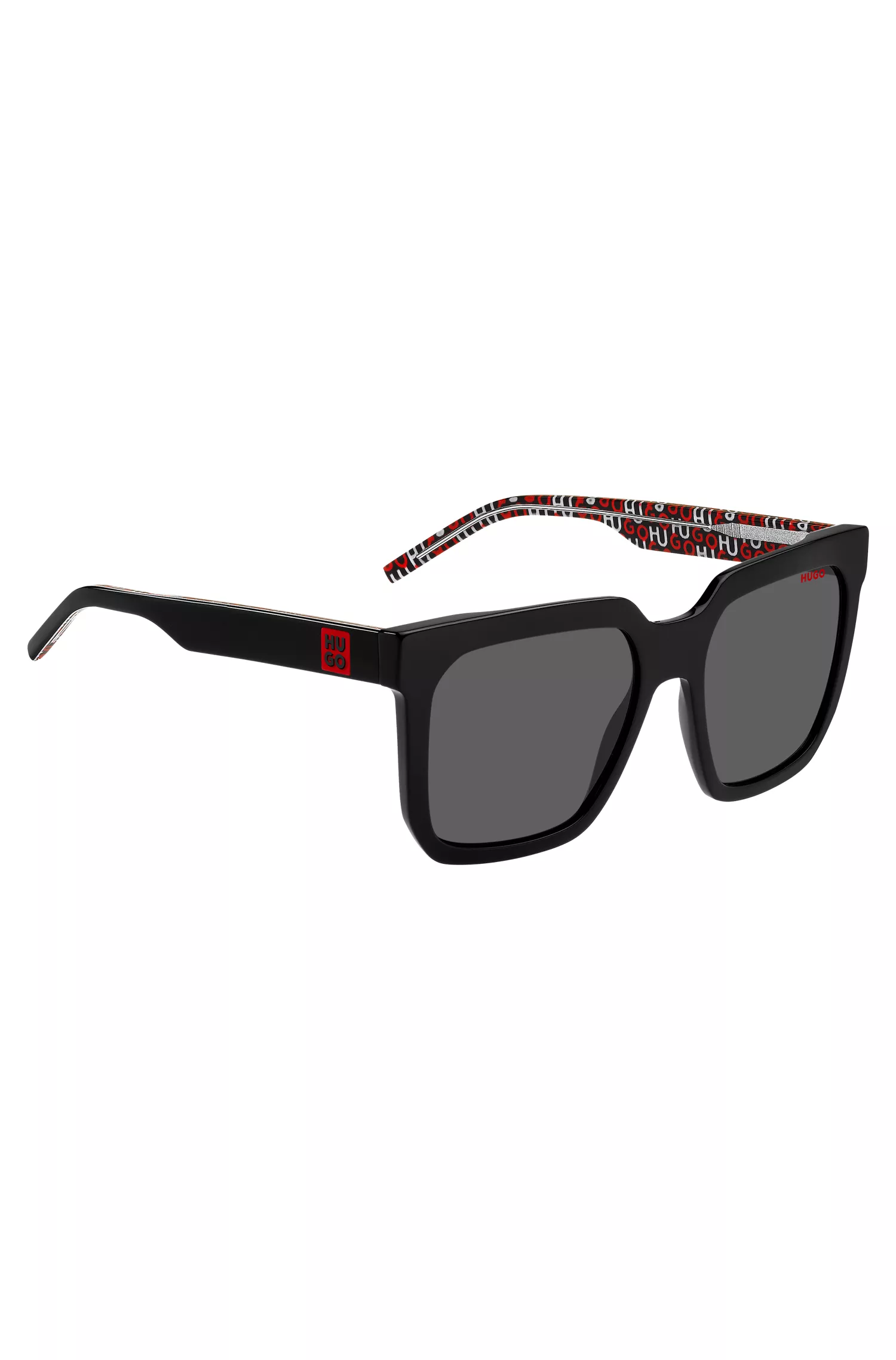 Óculos de sol HUGO em acetato vermelho e preto com detalhes do logotipo e alça removível.