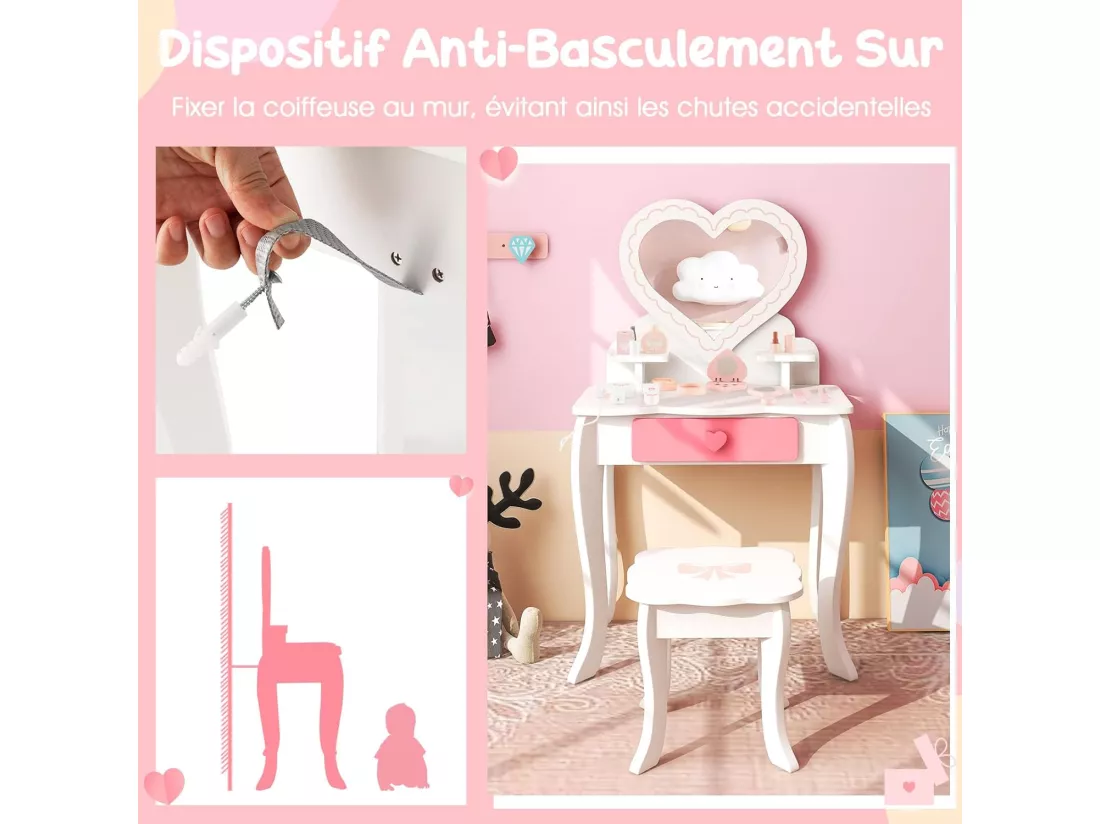 2 en 1 Coiffeuse Enfants avec Tabouret & Miroir Amovible en Forme Cœur, Table de Maquillage Princesse avec 10 Jouets d'Habillage, Tiroir Pratique, Charge 50kg pour Enfants de 3 Ans+