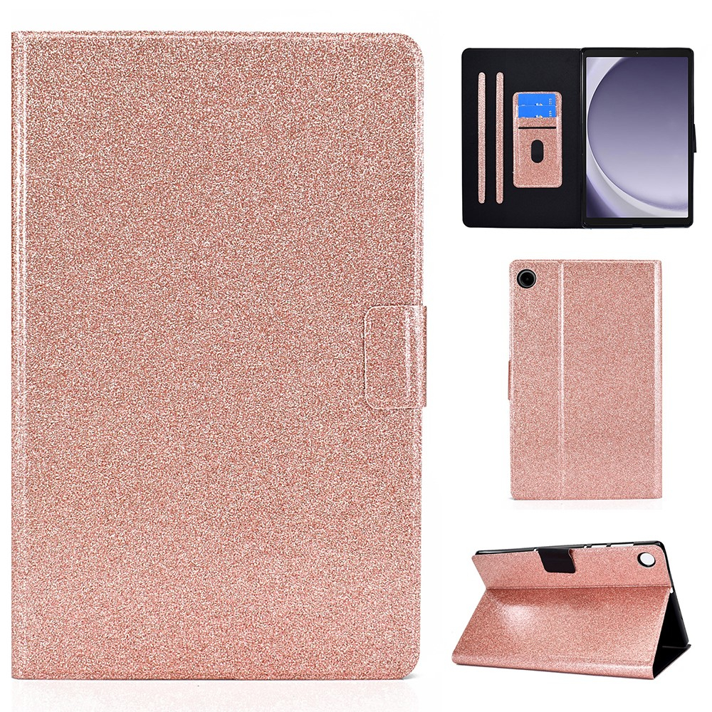 Samsung Galaxy Tab A11 / A9 Leder Tasche Flip Cover mit Glitzer Optik - Roségold