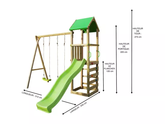 KANGUI Portique bois enfant avec tobogan, balançoires, escalade et cabane WALLI