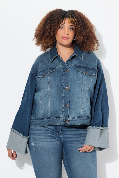 Jeansjacke, Fransen, Hemdkragen, breiter Ärmelumschlag