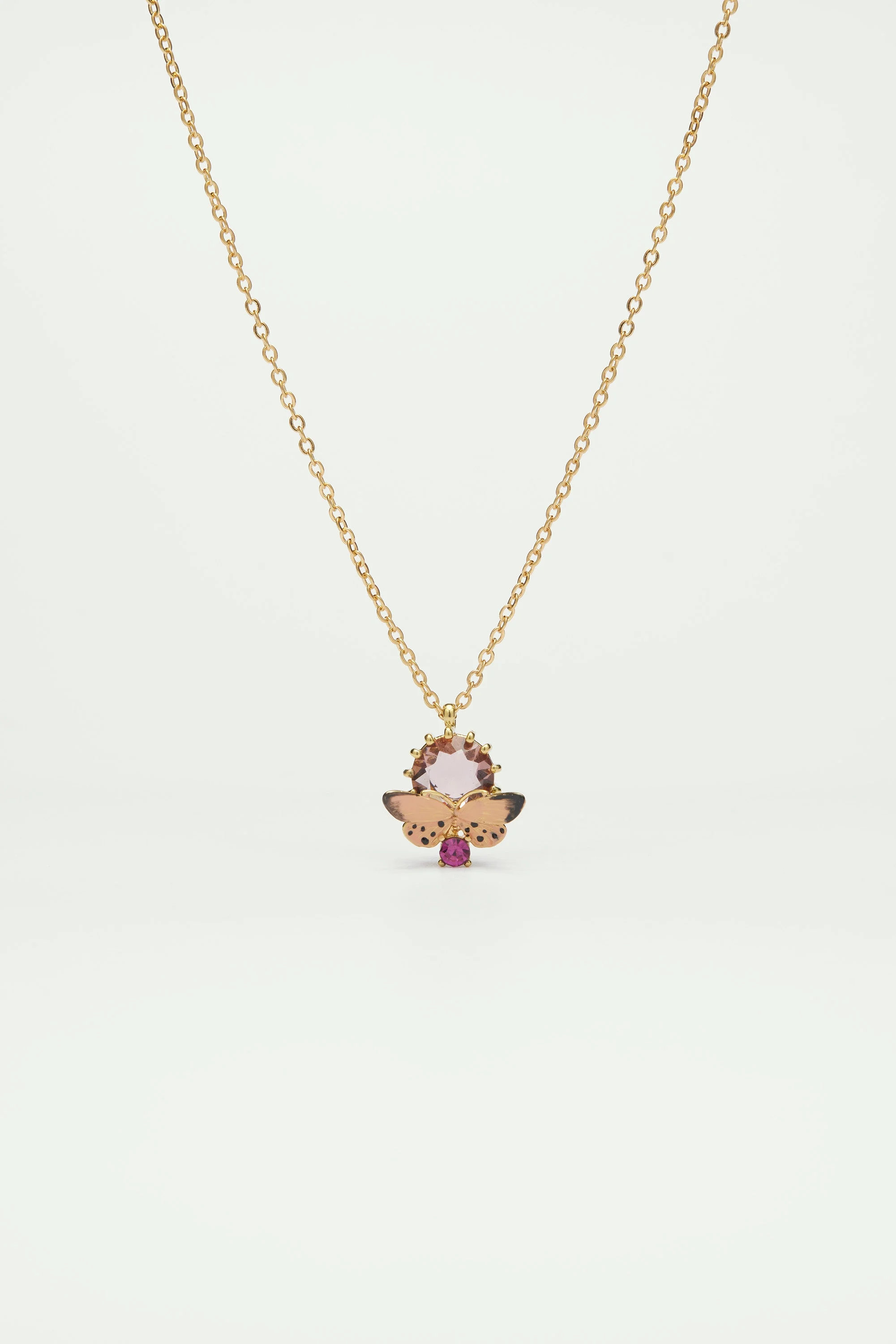 Collier pendentif papillon émaillé et pierres en verre taillé | Rose