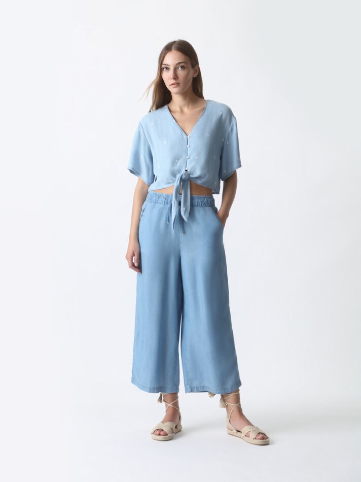 Calças culote em denim leve - Índigo