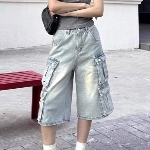 Striinkie - Hoge taille gewassen wijde cargo denim jorts