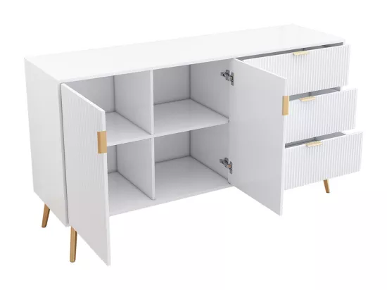 Buffet moderne avec pieds et poignées dorés, commode, laqué, coins arrondis, 7 compartiments, 140L*40P*78H cm, blanc