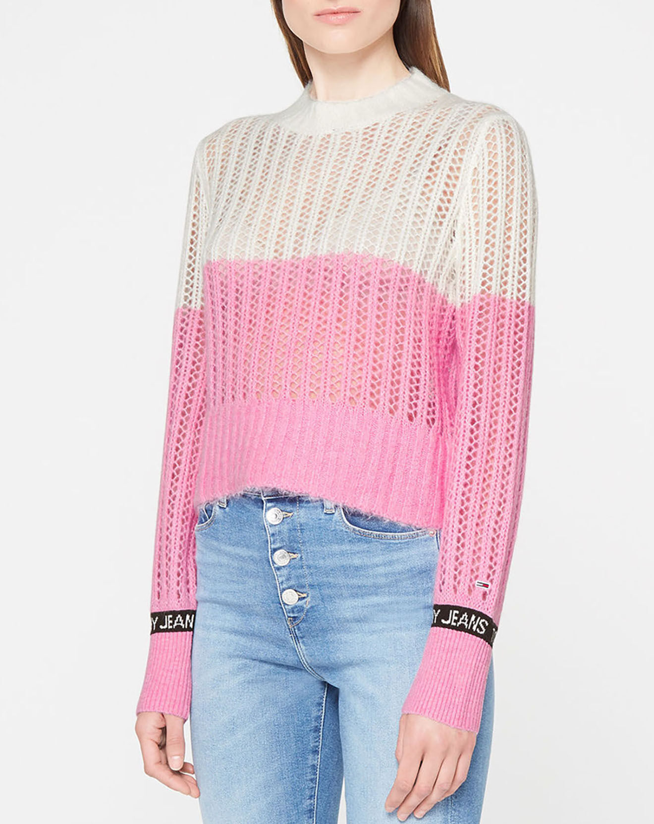 Tommy Jeans Pull en Laine mélangée lightweight stripe rose/blanc