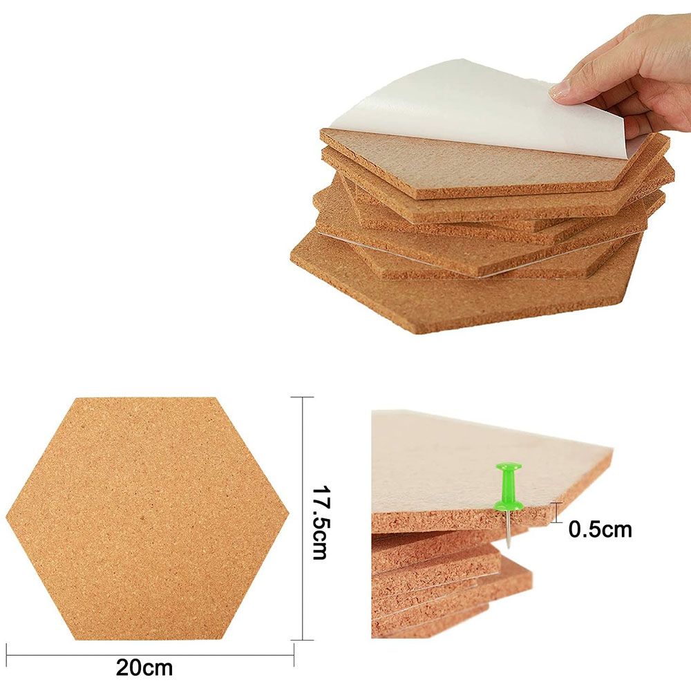 (8er Set) 20cm Selbstklebende DIY Kork Pinnwand Hexagon Tafel Bastel Korkplatte inkl. Pinnadeln - Braun