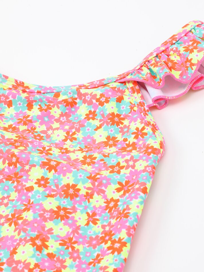 Maiô estampado com babados - Laranja Fluorescente