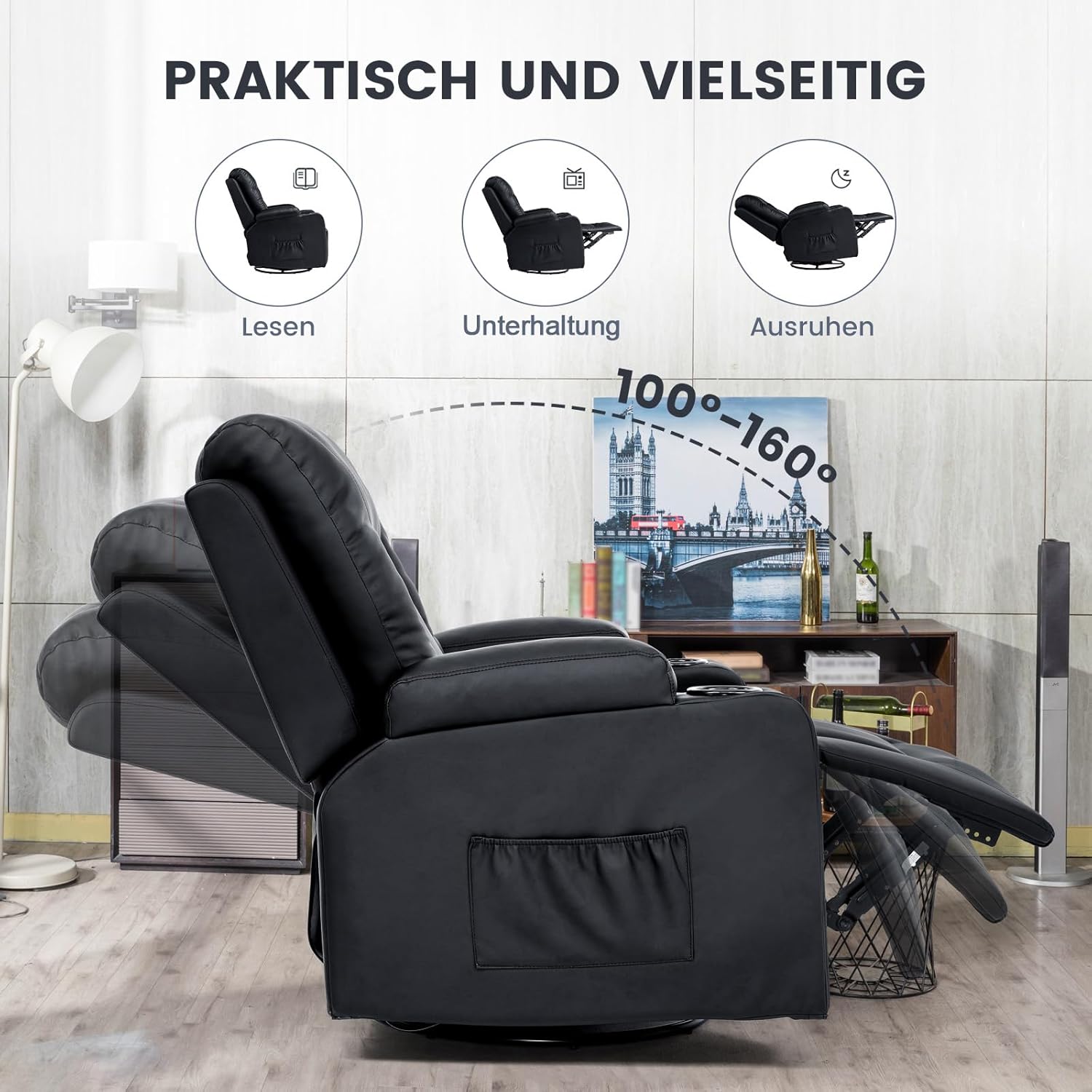 COMHOMA Relaxsessel Fernsehsessel mit verstellbarer Rückenlehne und Fußstütze,360°drehbarer Loungesessel aus PU-Leder mit Getränkehaltern und Seitentaschen,ergonomische Ganzkörperunterstützung,Schwarz
