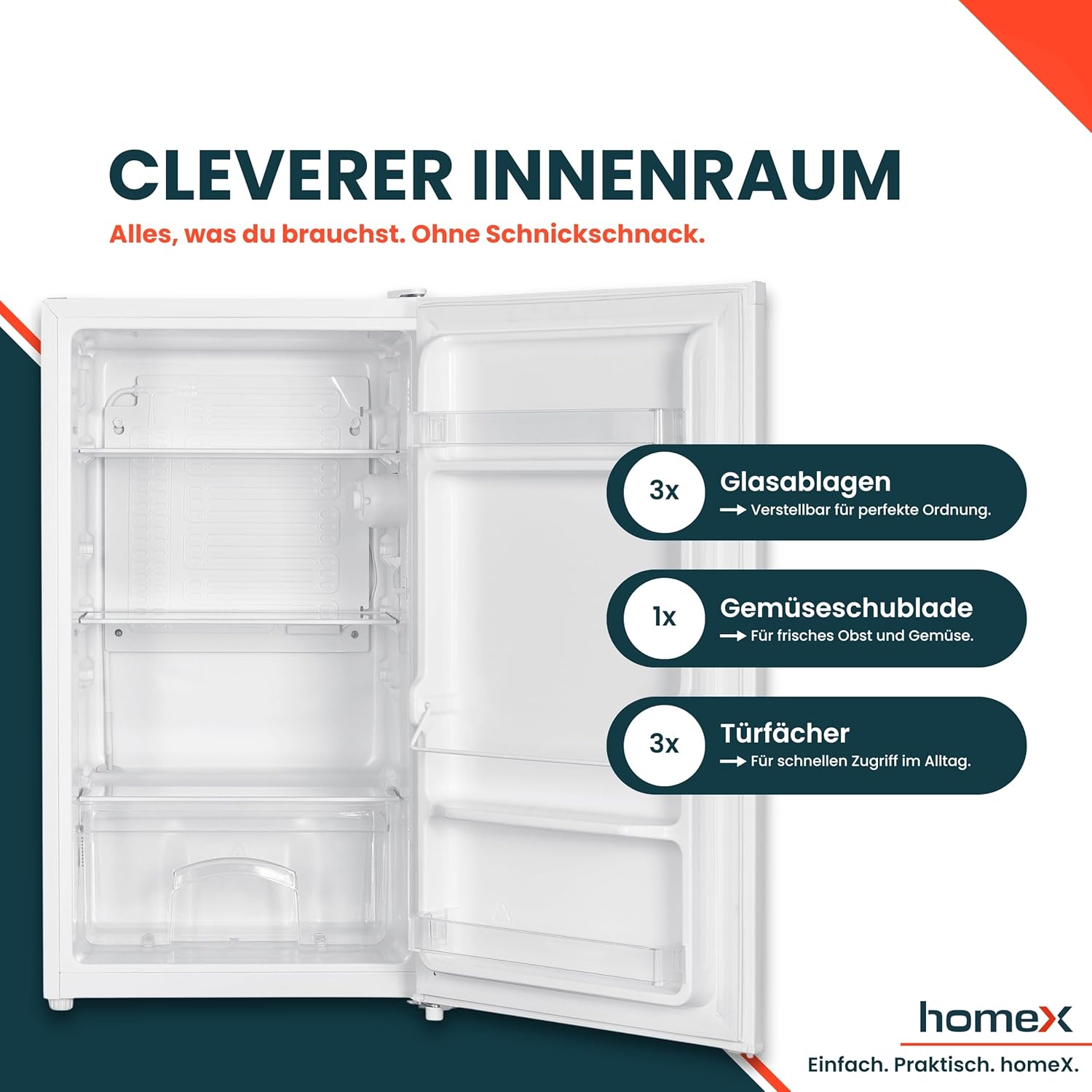 homeX Kühlschrank ohne Gefrierfach, Vollraumkühlschrank klein - 88L Nutzinhalt, freistehend und kompakt, Tischkühlschrank leise 39 dB, Fridge mit LED-Innenbeleuchtung und Temperaturregelung, weiß