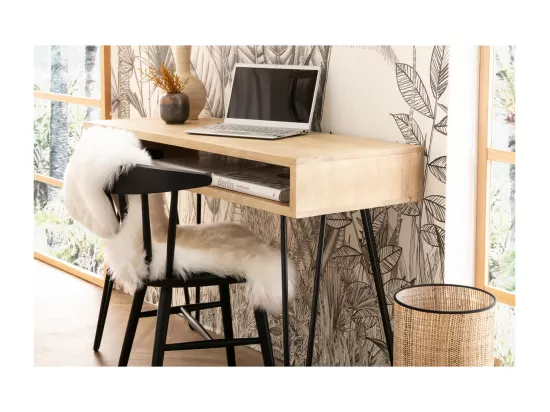 Bureau avec rangement en bois manguier massif et métal noir L116 cm VIBES