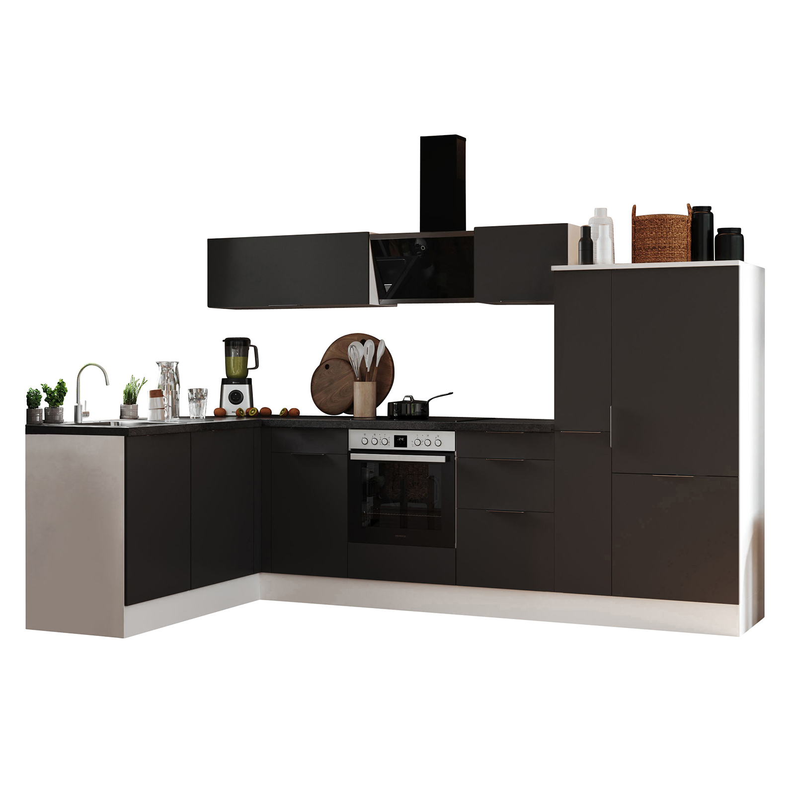 RESPEKTA Winkelküche - grau matt - weiß matt - mit E-Geräten - 310x175 cm