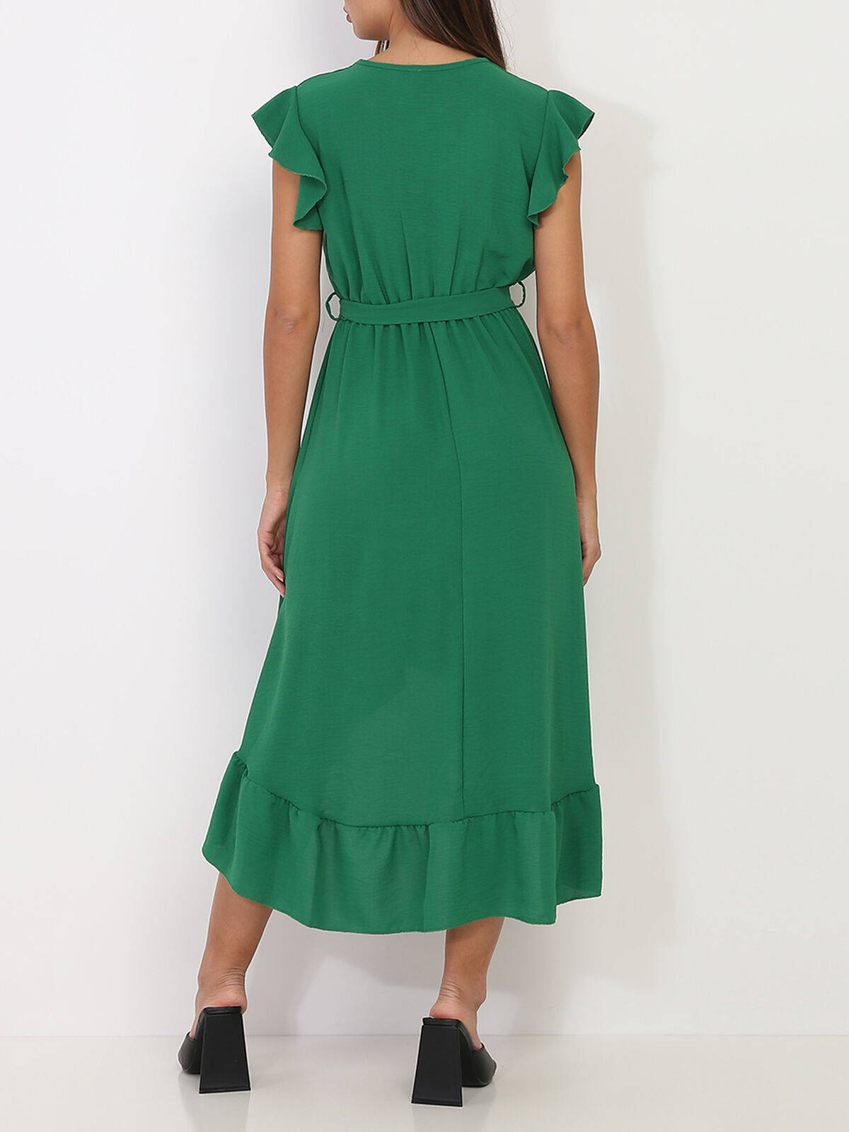 Robe mi-longue asymétrique à volants- Vert