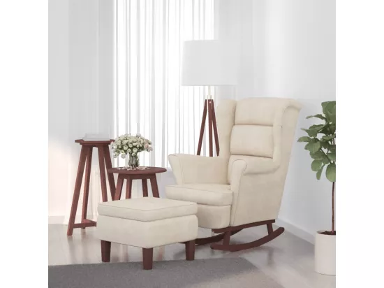 Chaise à bascule avec pieds en bois et tabouret Crème Velours
