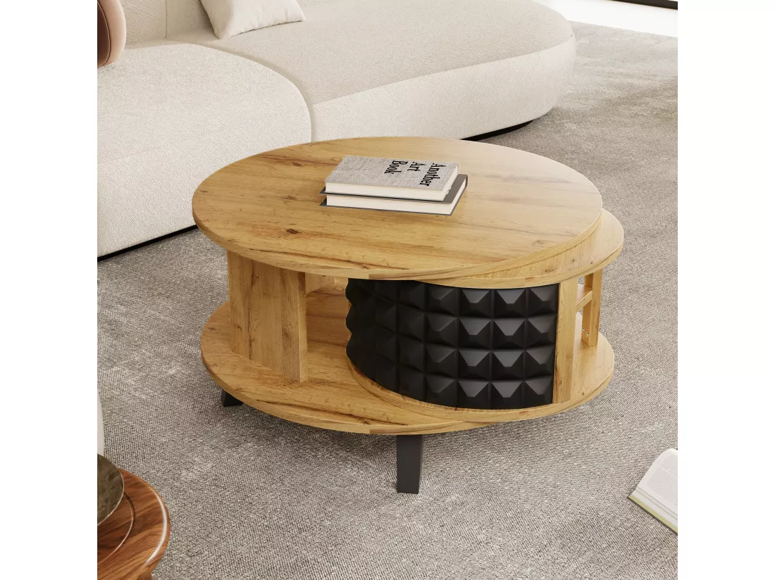 Table basse pivotante moderne avec rangement caché, design bicolore bois et noir