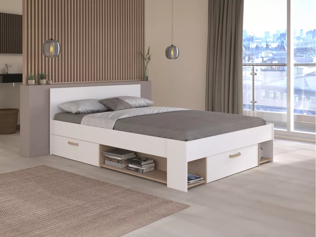 Lit 140 x 190/200 cm avec rangements - Blanc et naturel + Sommier - KINSELIA