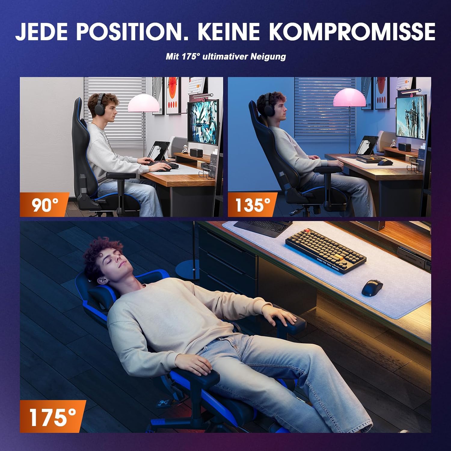 Douxlife Gaming-Stuhl mit Knetmassage und Heizfunktion, Ergonomischer Bürostuhl mit Fußstütze, 90°-175° Verstellbar, Gepolsterte 2D-Armelehnen, Gamer Sessel PC Stuhl, 181KG, Blau