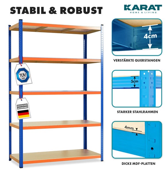 Zware stellingkast - blauw-oranje - voor kelder & werkplaats - 180 x 120 x 45 cm - draagvermogen 875 kg