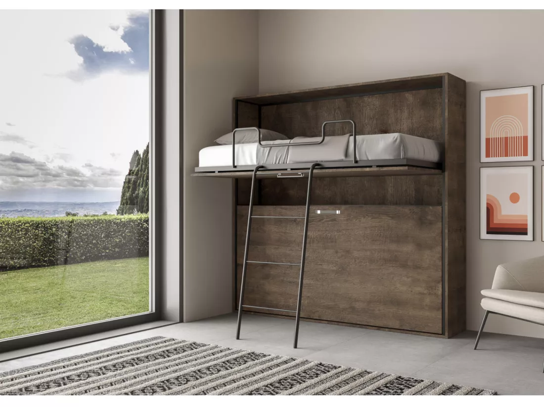 Lit escamotable superposé noyer horizontal 2 couchages 85x185 Bounto-2 matelas 85x185