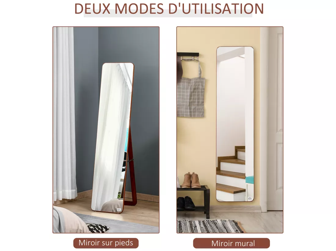 Miroir sur pied et mural rectangulaire dim. 37L x 43l x 156H cm verre MDF aspect noyer clair