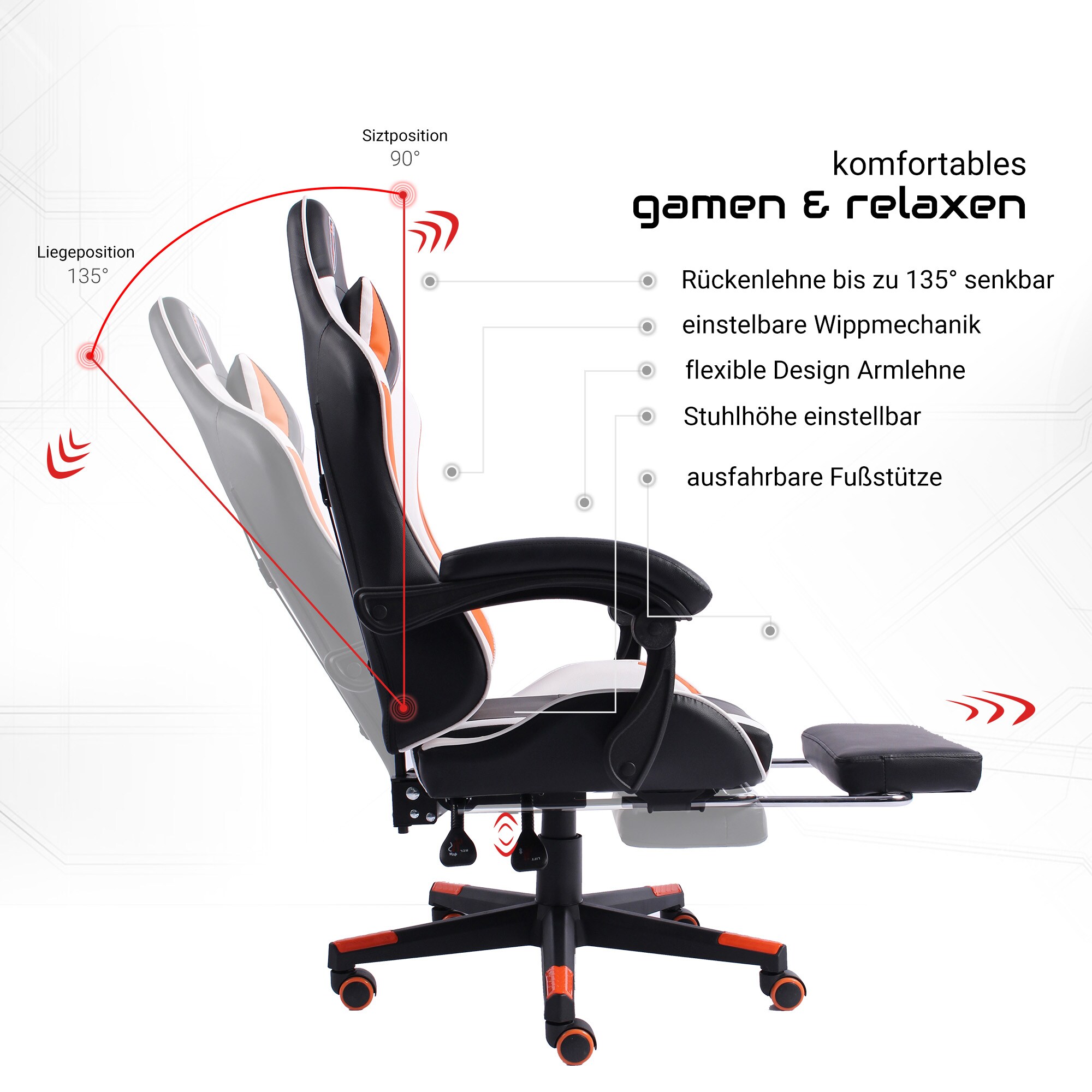 Gaming Chair im Racing-Design mit flexiblen gepolsterten Armlehnen - ergonomischer PC Gaming Stuhl in Lederoptik - Gaming Schreibtischstuhl mit ausziehbarer Fußstütze und extra Stützkissen