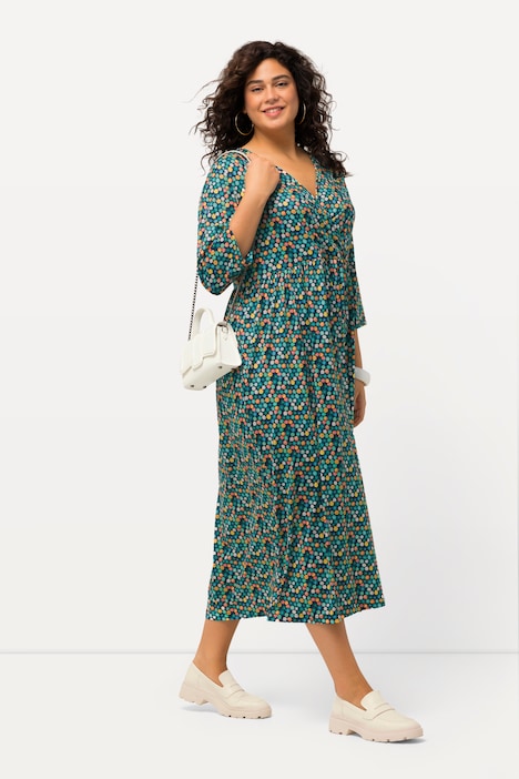 Jerseykleid, Punkte, Wickeloptik, V-Ausschnitt, 3/4-Arm