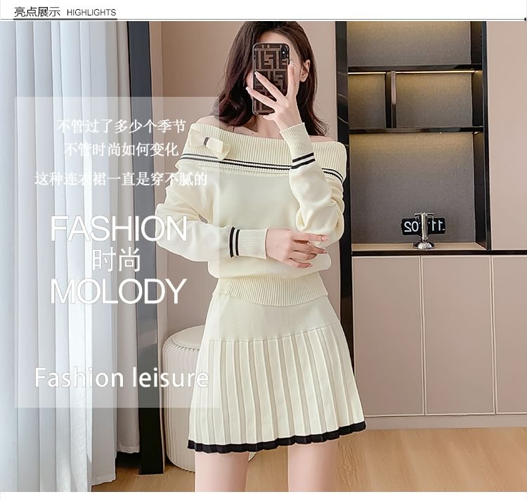 Odestra - Set: Off-Shoulder gestreepte striktrui + High Waist geplooide mini A-lijn rok