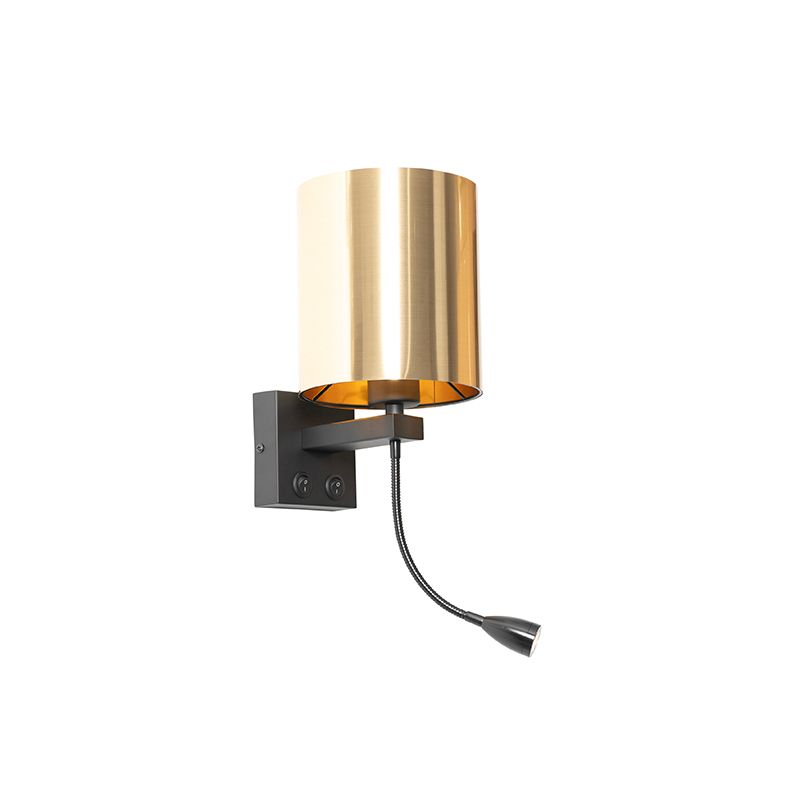 Wandlamp zwart met flexarm en kap goud 15 cm - Brescia
