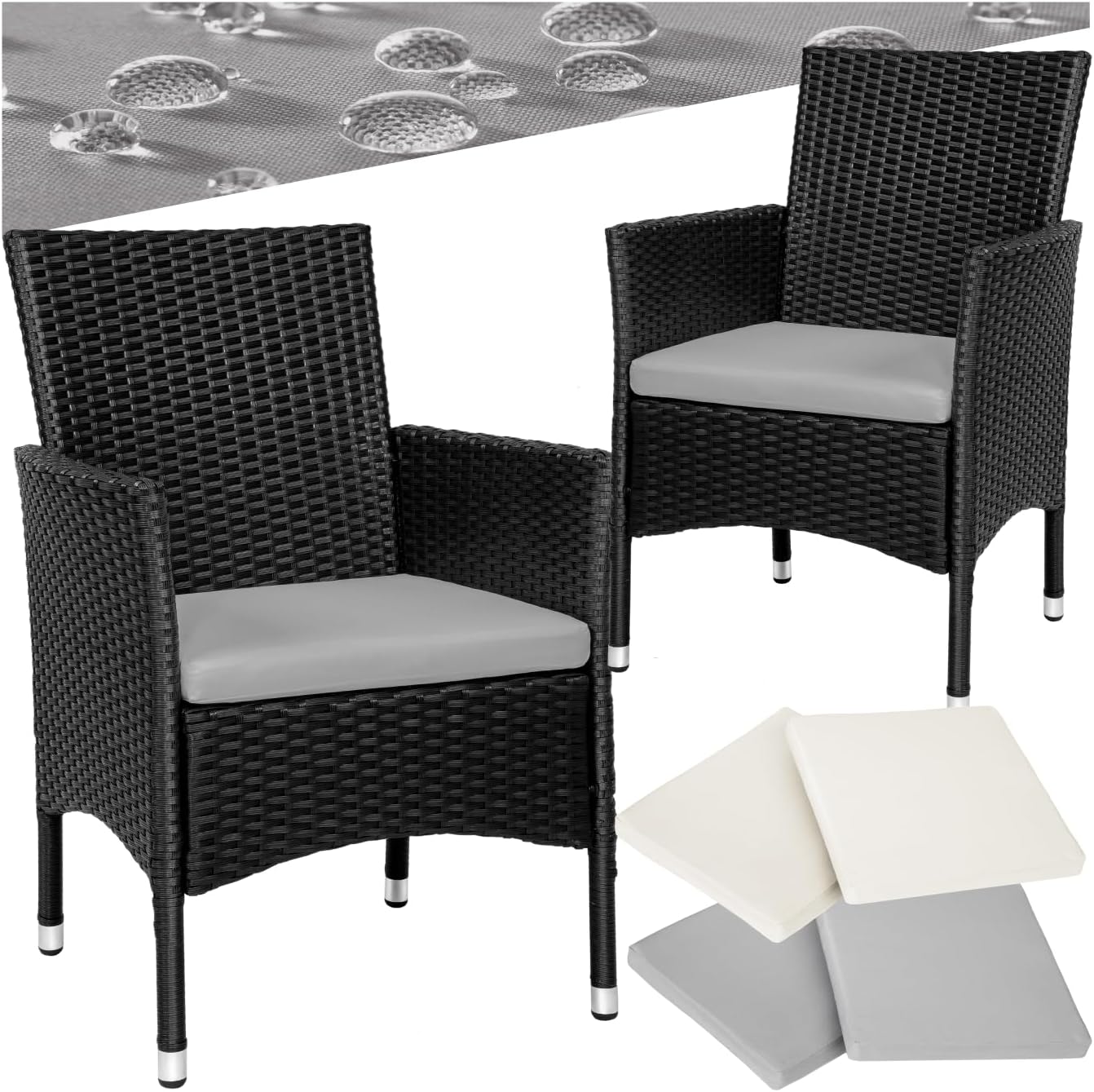 tectake® 2er Set Gartenstuhl aus Polyrattan, Gartenmöbel Set mit 2 Sessel, Outdoor Rattansessel inklusive Sitzpolster und 2 Bezugssets, rostfreie Edelstahlschrauben, pflegeleicht - schwarz/beige HZ0498060
