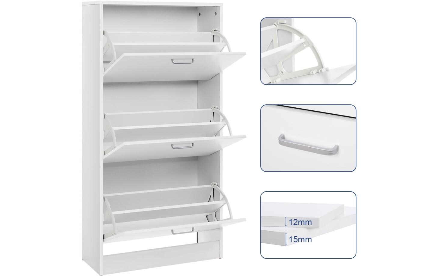 Schuhschrank mit 3 Klappen aus Spanplatte, Weiss<br>Schuhschrank mit verstellbaren Trennwänden