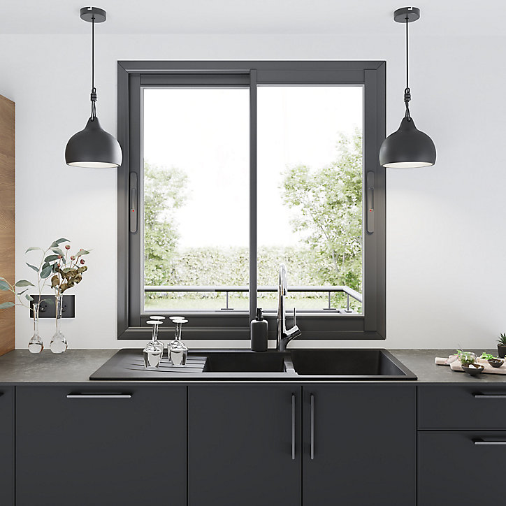 Fenêtre alu 2 vantaux coulissant GoodHome gris - l.120 x h.135 cm