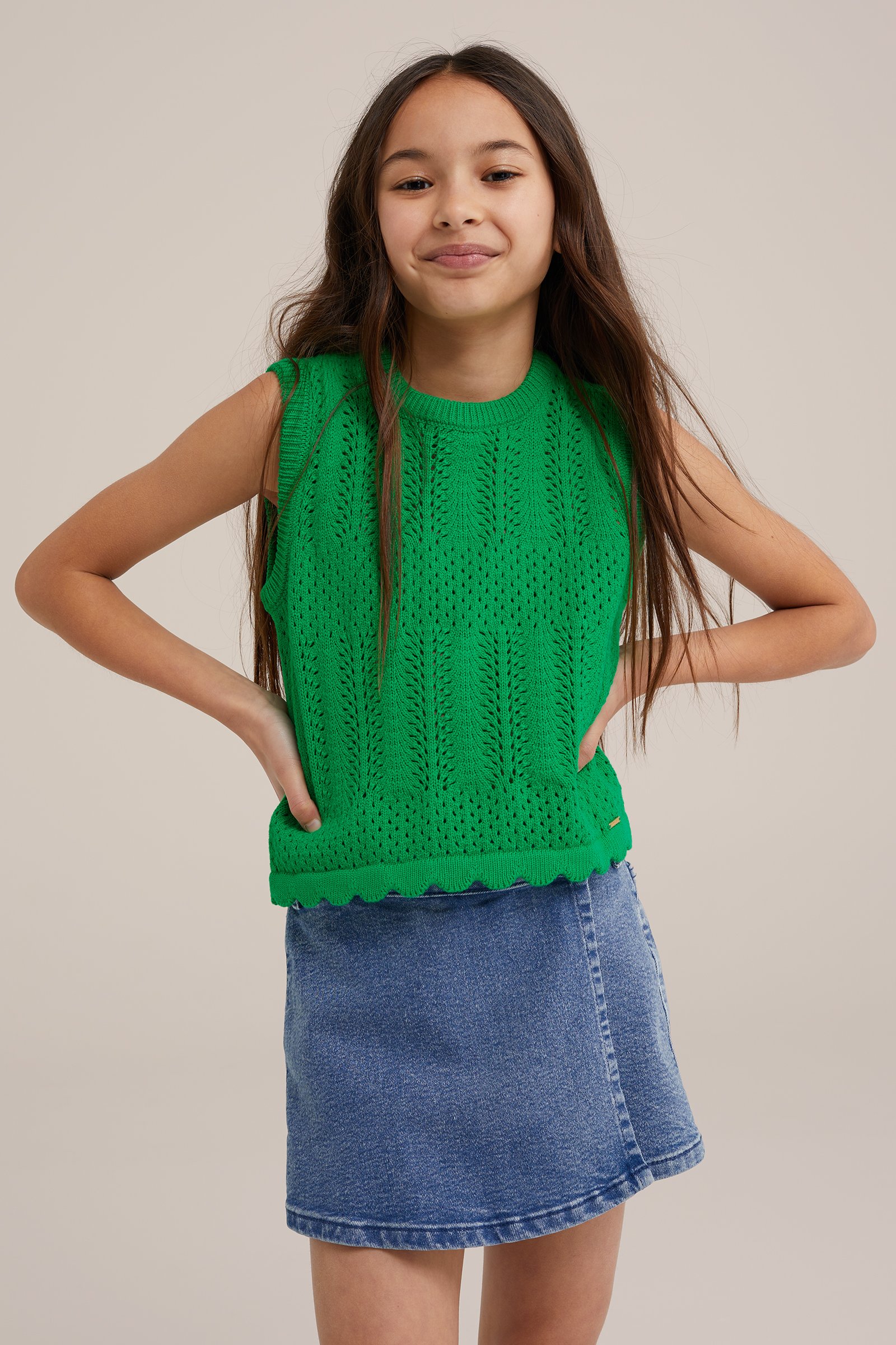 Meisjes singlet met opengewerkt dessin WE Fashion Felgroen