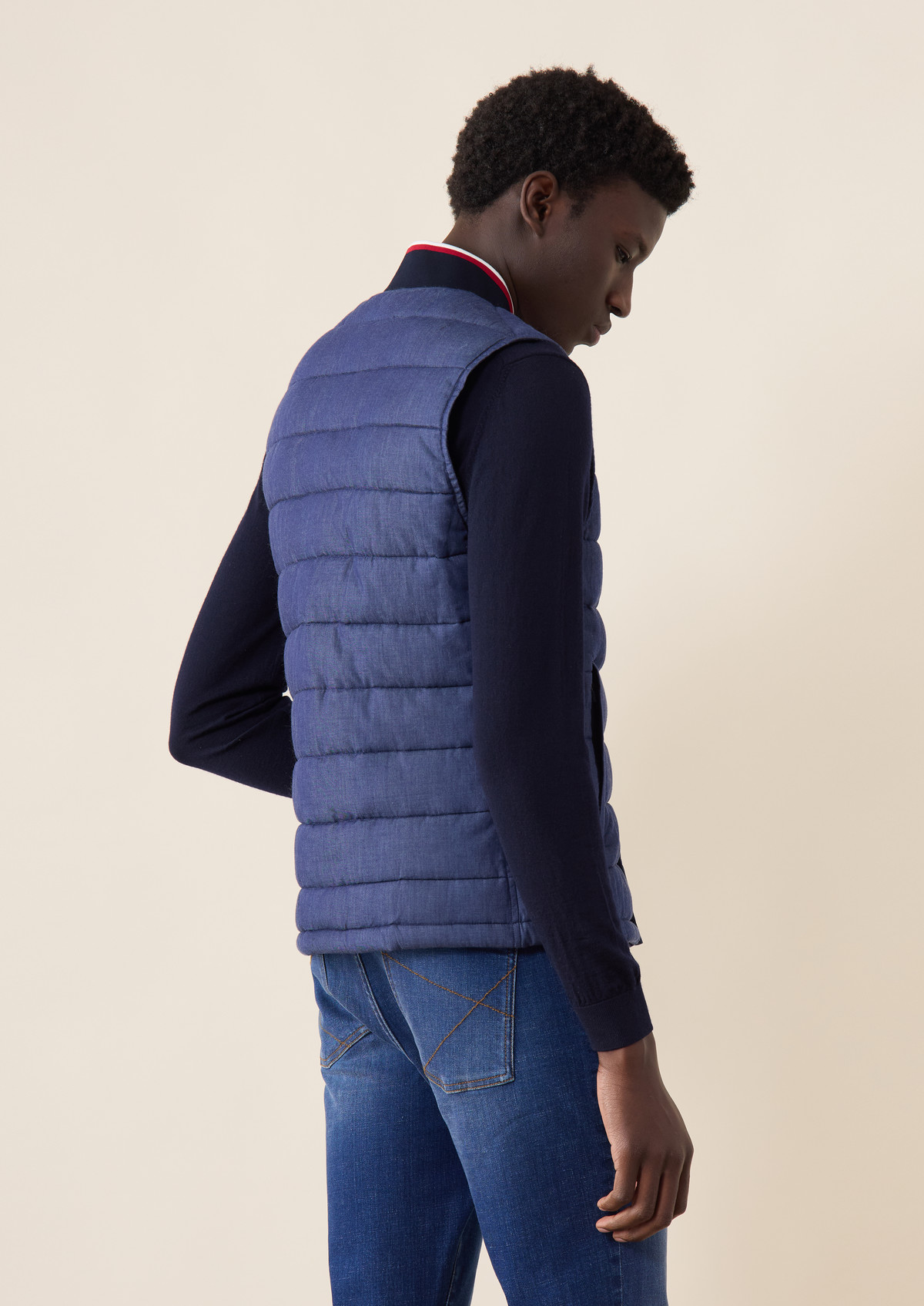 Doudoune light sans manches en coton uni bleu jeans