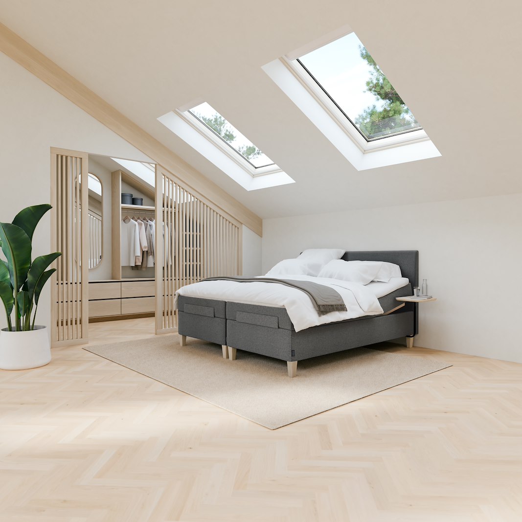 Onyx Dream regulerbar seng Tekstil 173 mørk grå, medium, Sleep I overmadrass og Kantet konet 14 cm hvitvasket ben