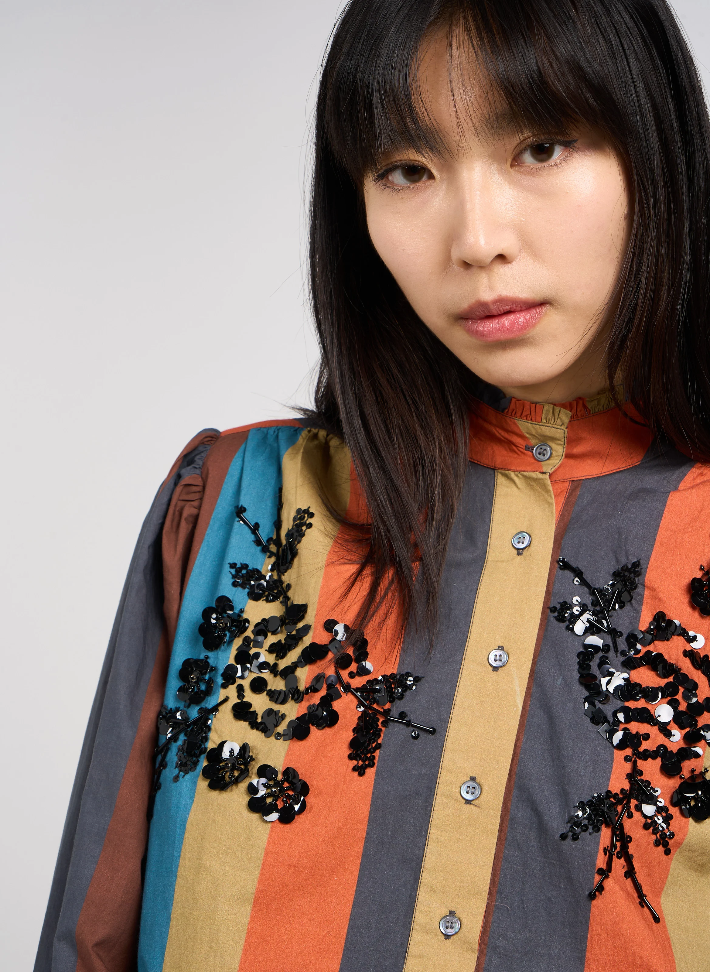 HAPPY - Chemise col montant rayée en coton | Orange