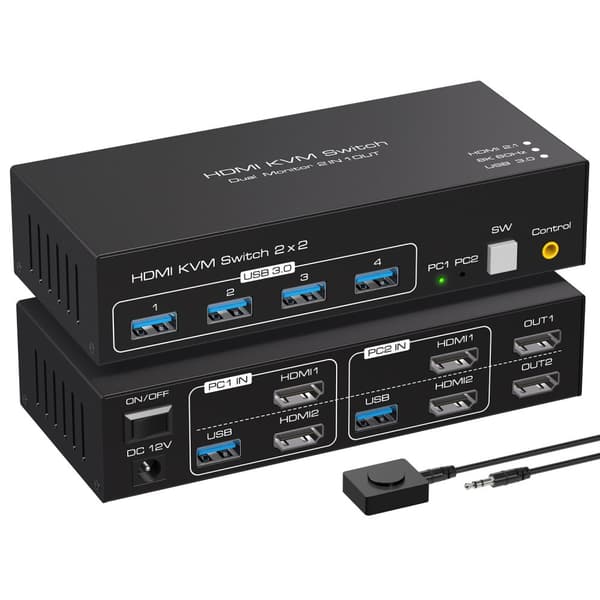 NÖRDIC KVM-svitsj 2 til 2 HDMI til HDMI, 8K60Hz/4K120Hz, 4x USB-A