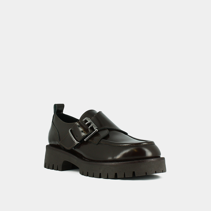 Derbies à talons plats, boucles et coutu...  en cuir glacé marron
