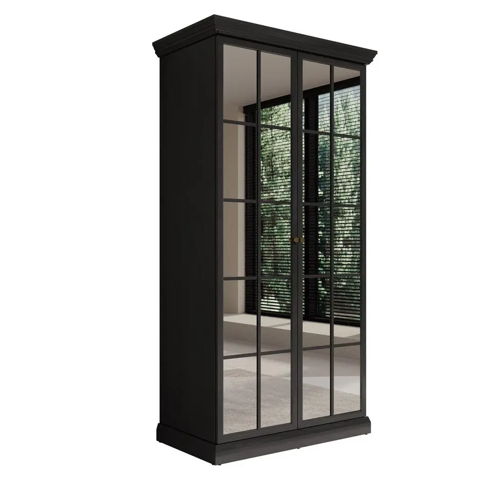 Meubella - Kledingkast Leroy - Zwart eiken - 102 cm - Met spiegel