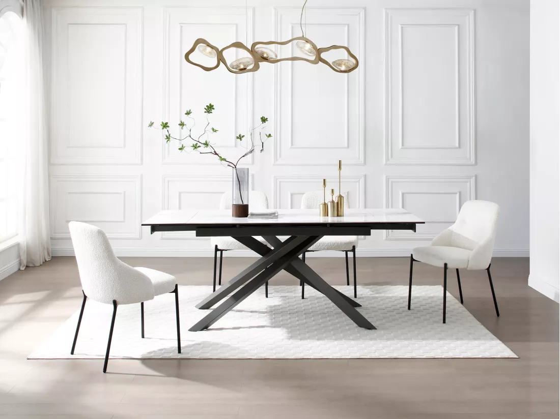 Table à manger extensible 4 à 8 personnes en céramique, verre trempé et métal - Effet marbre blanc et anthracite - COREMA de Maison Céphy