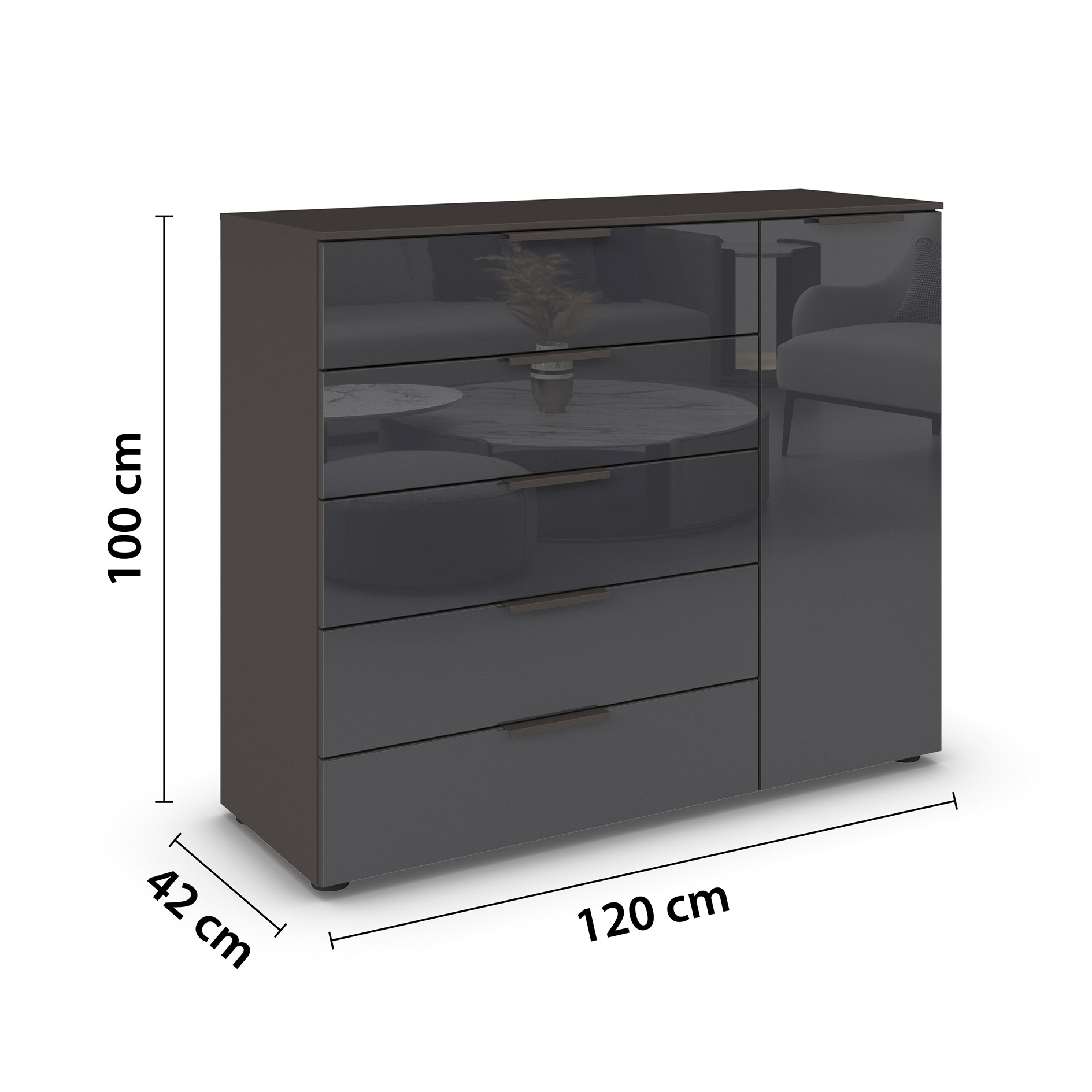 Kommode - graphit-Basaltglas - Graphitgriffe - 120 cm