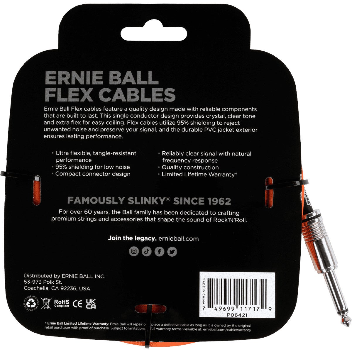 Ernie Ball 6421 Flex 6 meter instrumentkabel oranje